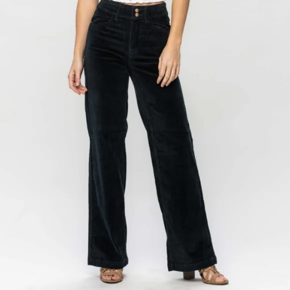 Judy Blue Corduroy Pants Women Sz 5/27 Wide Leg High Rise Emerald Green Stretch - Picture 1 of 12